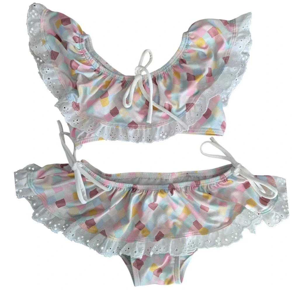 Wildling Girls Pastel Checkered‎ Eyelet Lace Ruffle Two Piece Bikini Swimsuit 3